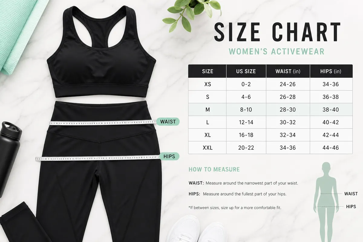 Athleta bottoms size chart flat lay with leggings and measuring tape at waist and hips