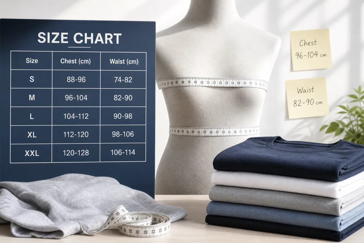 Gap clothing size chart hero with folded tops and measuring tape for chest and waist