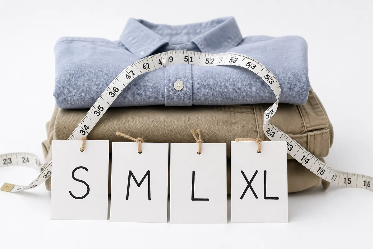 Generic clothing size chart with measuring tape and S M L XL size cards