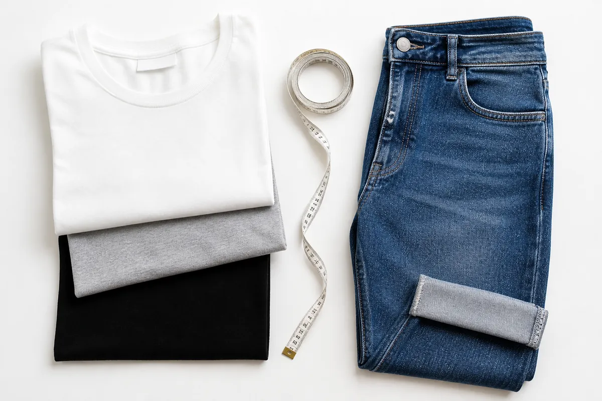 H&M clothing size chart flat lay with basic tees jeans and soft measuring tape