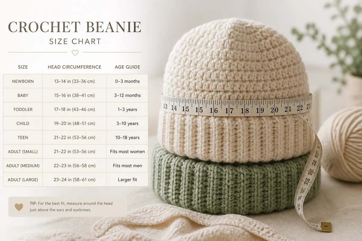 Crochet and beanie hat size chart with knit beanies yarn and measuring tape