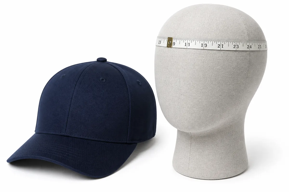 Fitted baseball hat size chart with cap and measuring tape for head circumference