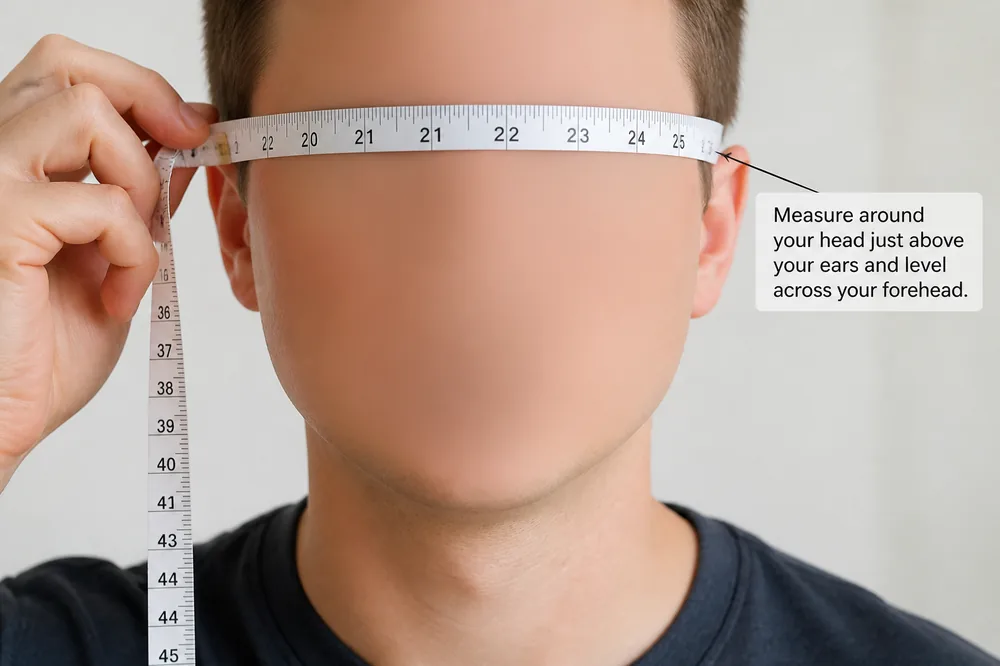How to measure hat size with a soft tape around the forehead above the ears