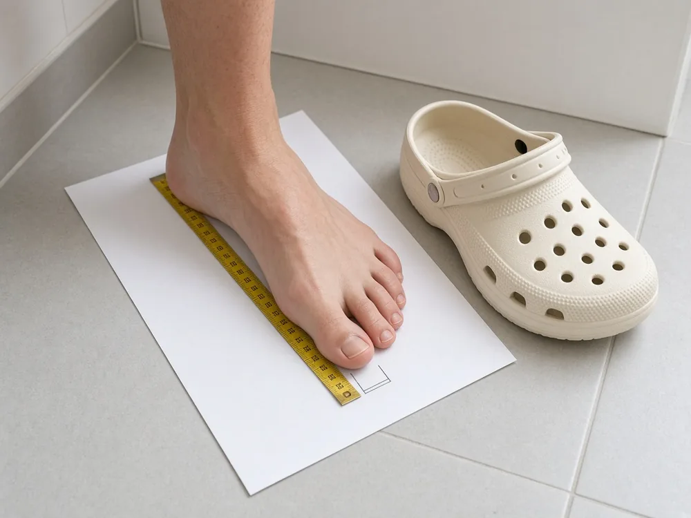 How to measure foot length for Crocs clog size with heel to the wall and a clog beside the paper