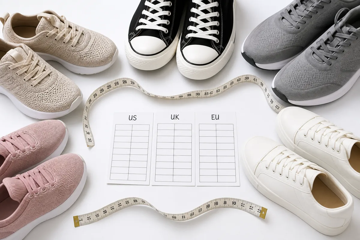 Universal shoe size chart with sneakers measuring tape and US UK EU size cards