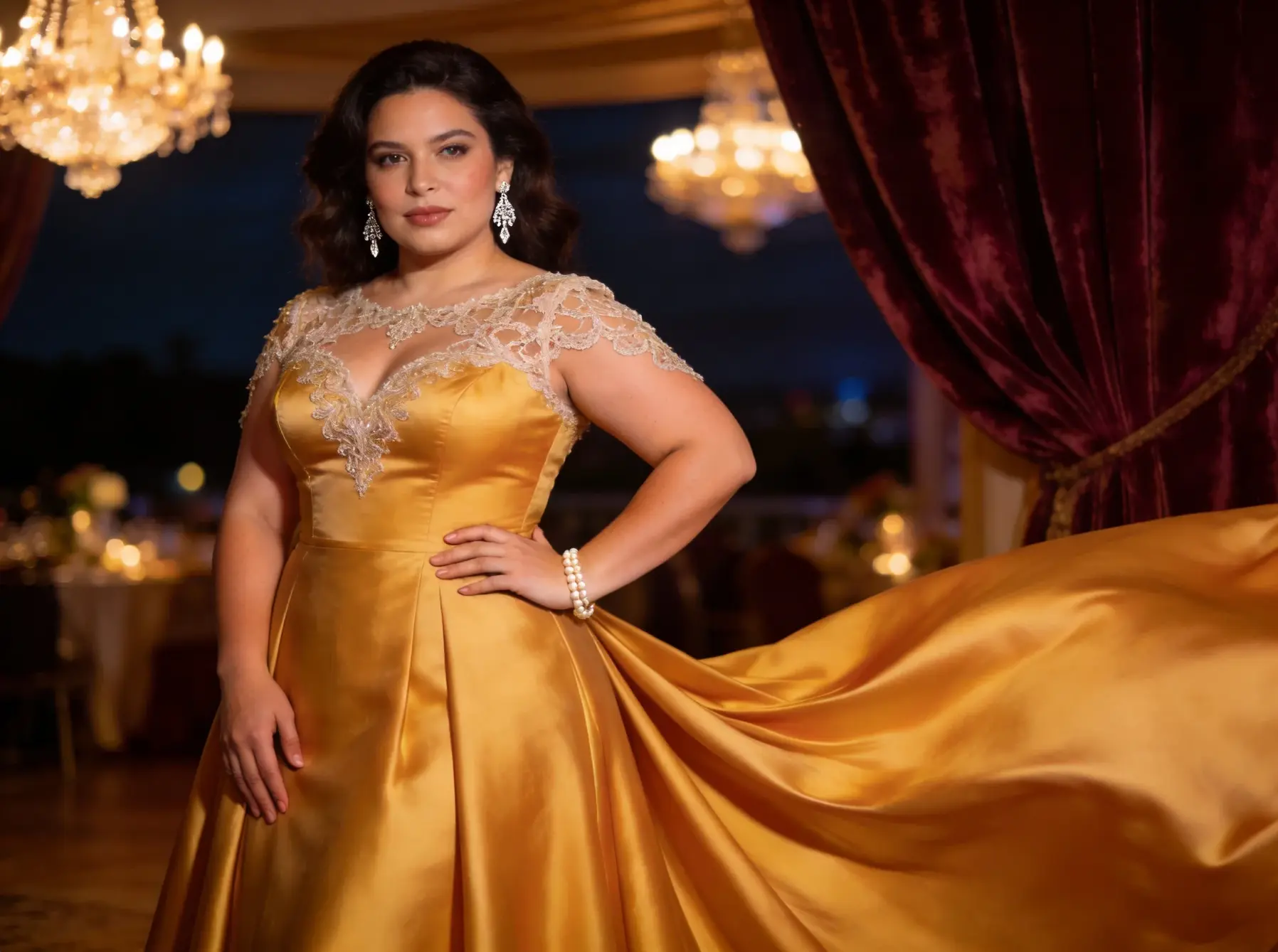 Evening gala plus size formal dress styling example with elegant long silhouette