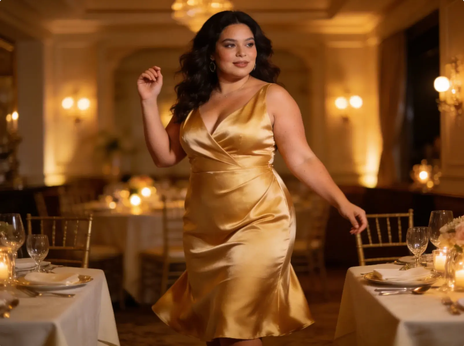 Semi-formal dinner plus size dress styling example with polished midi silhouette