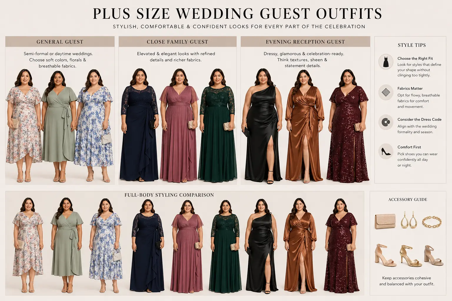 Outfit template board for plus size wedding guest roles including general guest and close family guest