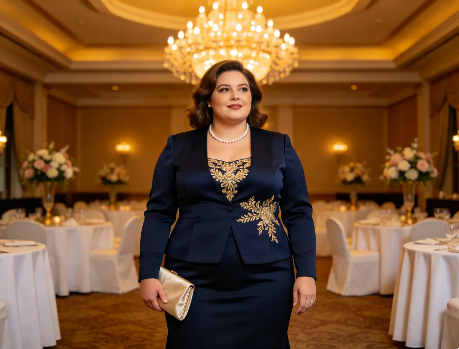Plus size wedding guest outfit example for hotel or ballroom evening reception