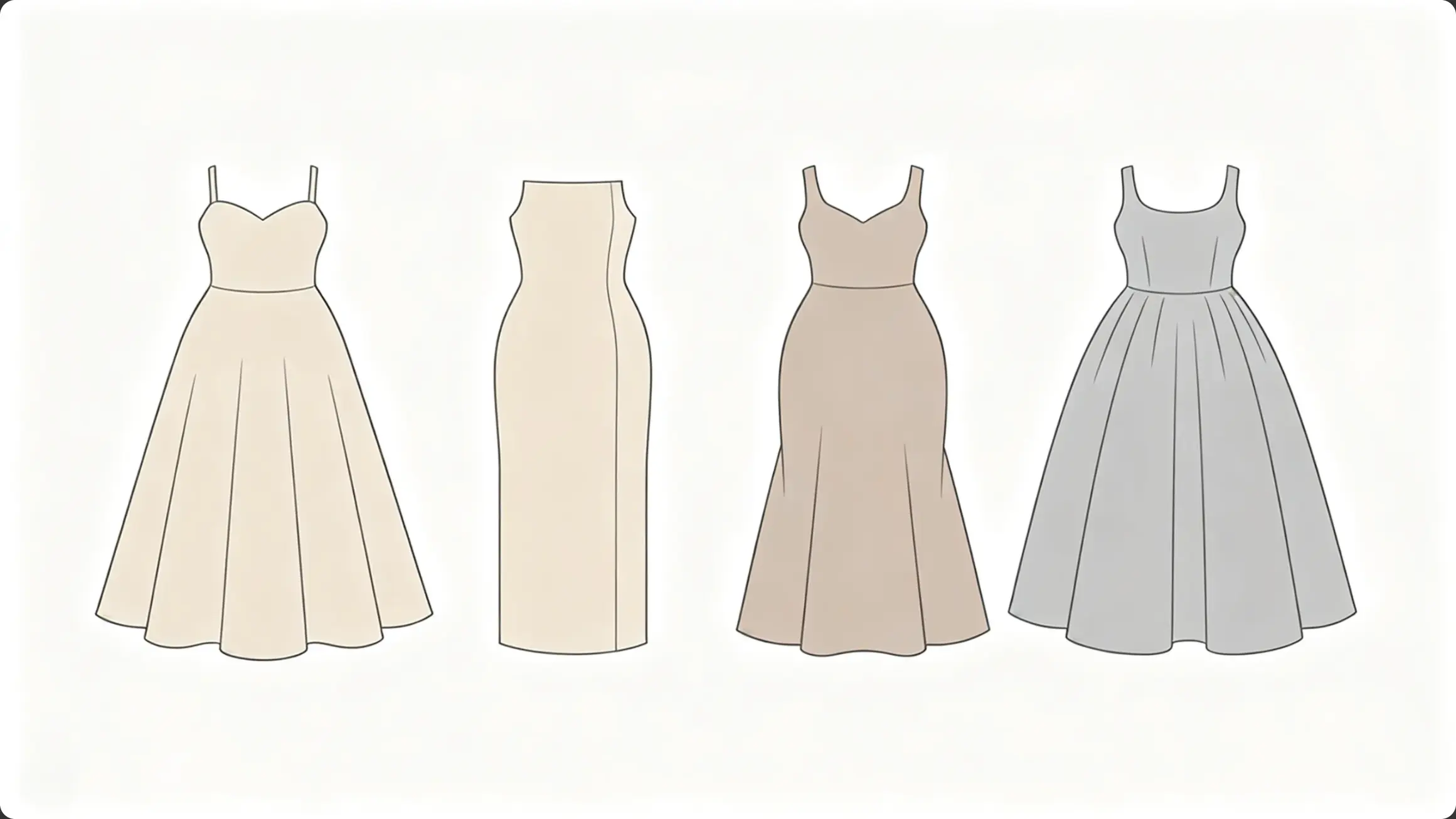 Silhouette comparison board for plus size formal dresses including A-line, column, and fit-and-flare
