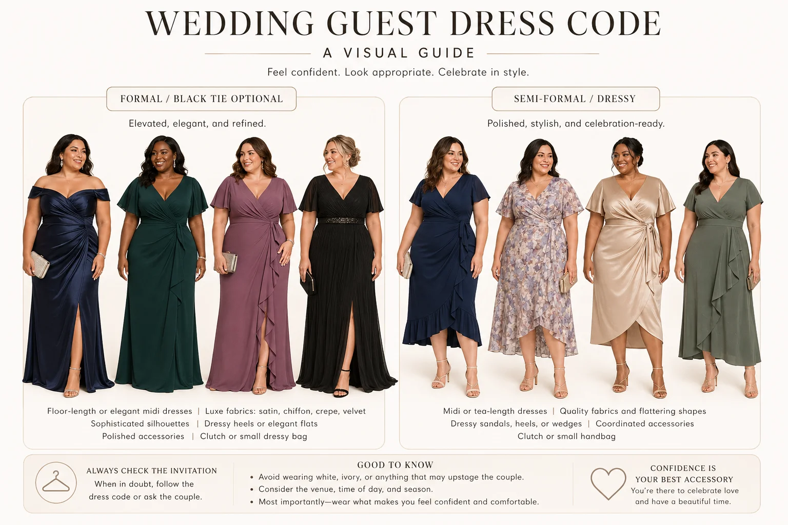 Wedding guest dress code cheatsheet visual for plus size formal and semi-formal outfit decisions