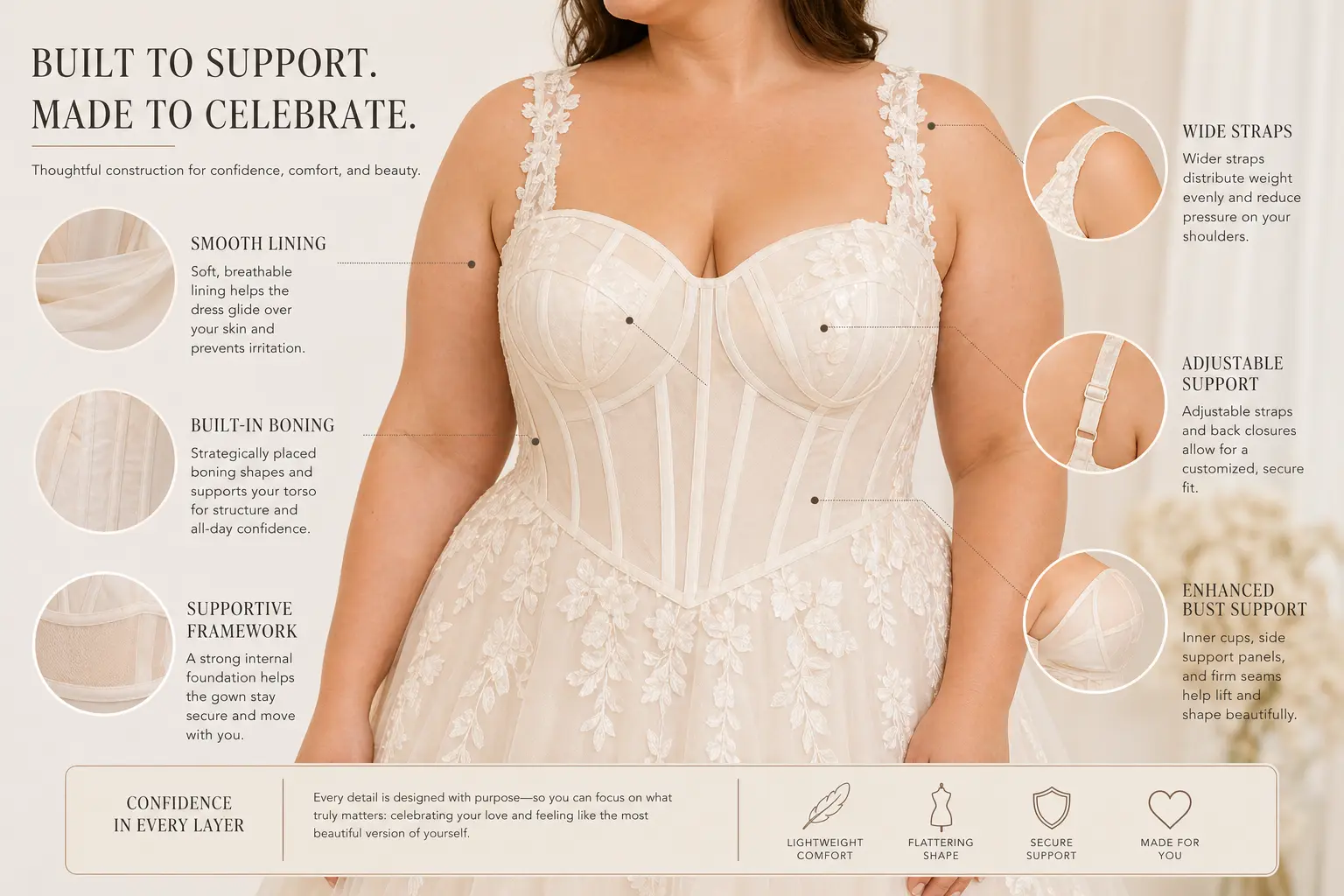 Close-up visual of bridal gown support construction including lining and structured bodice details