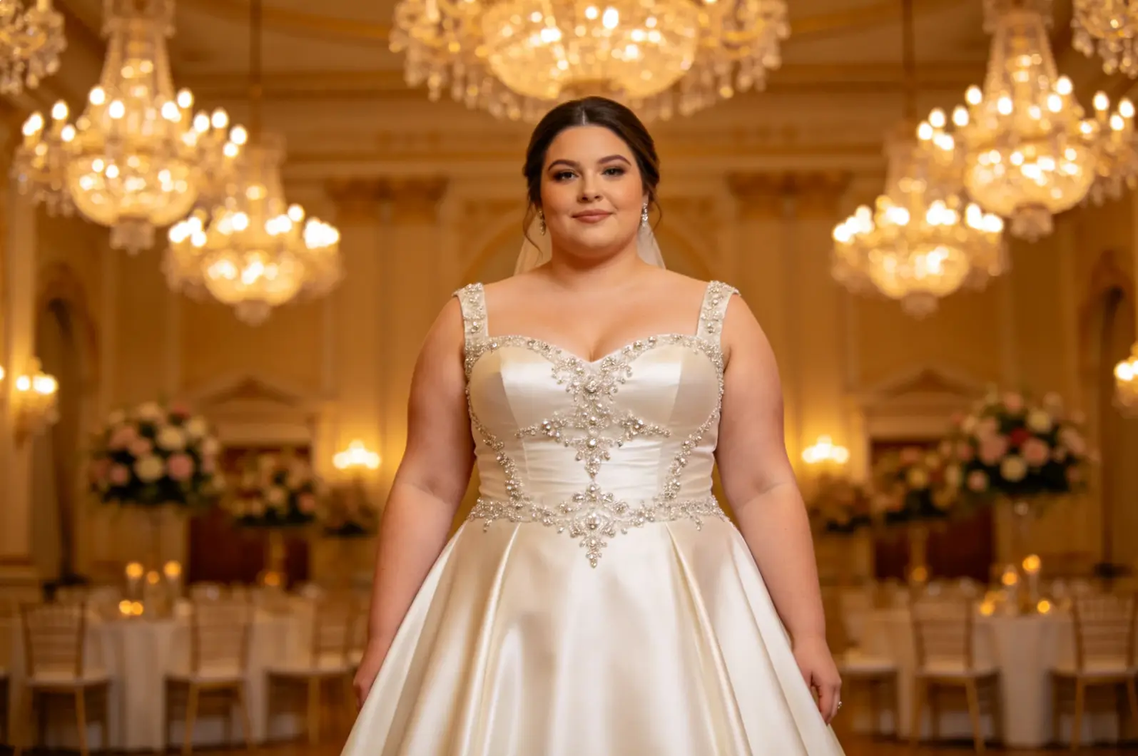 Plus size bride styling example for formal ballroom wedding venue