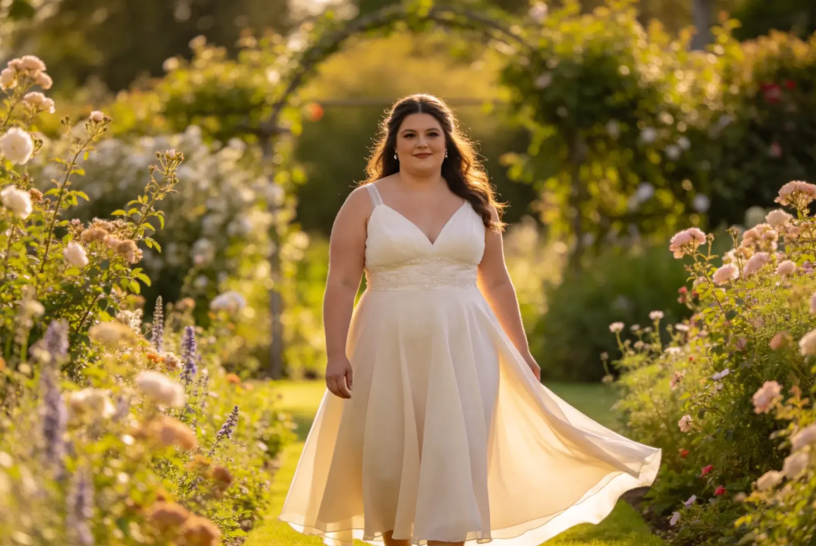 Plus size bride styling example for garden wedding venue with lighter fabric movement