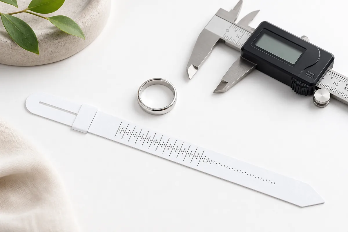 Soft tape wrapping a finger at the ring base to measure circumference in mm