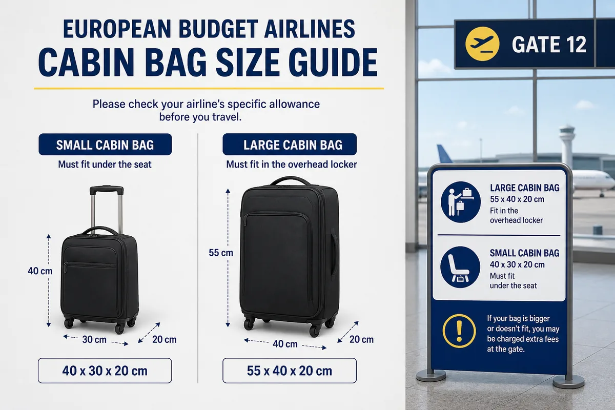 easyJet carry-on bag next to airport size checker with inch limits