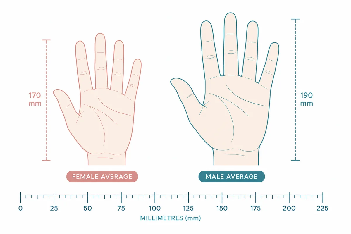 Hand size comparison: Average woman 17.5 cm next to Average man 19.3 cm on one scale