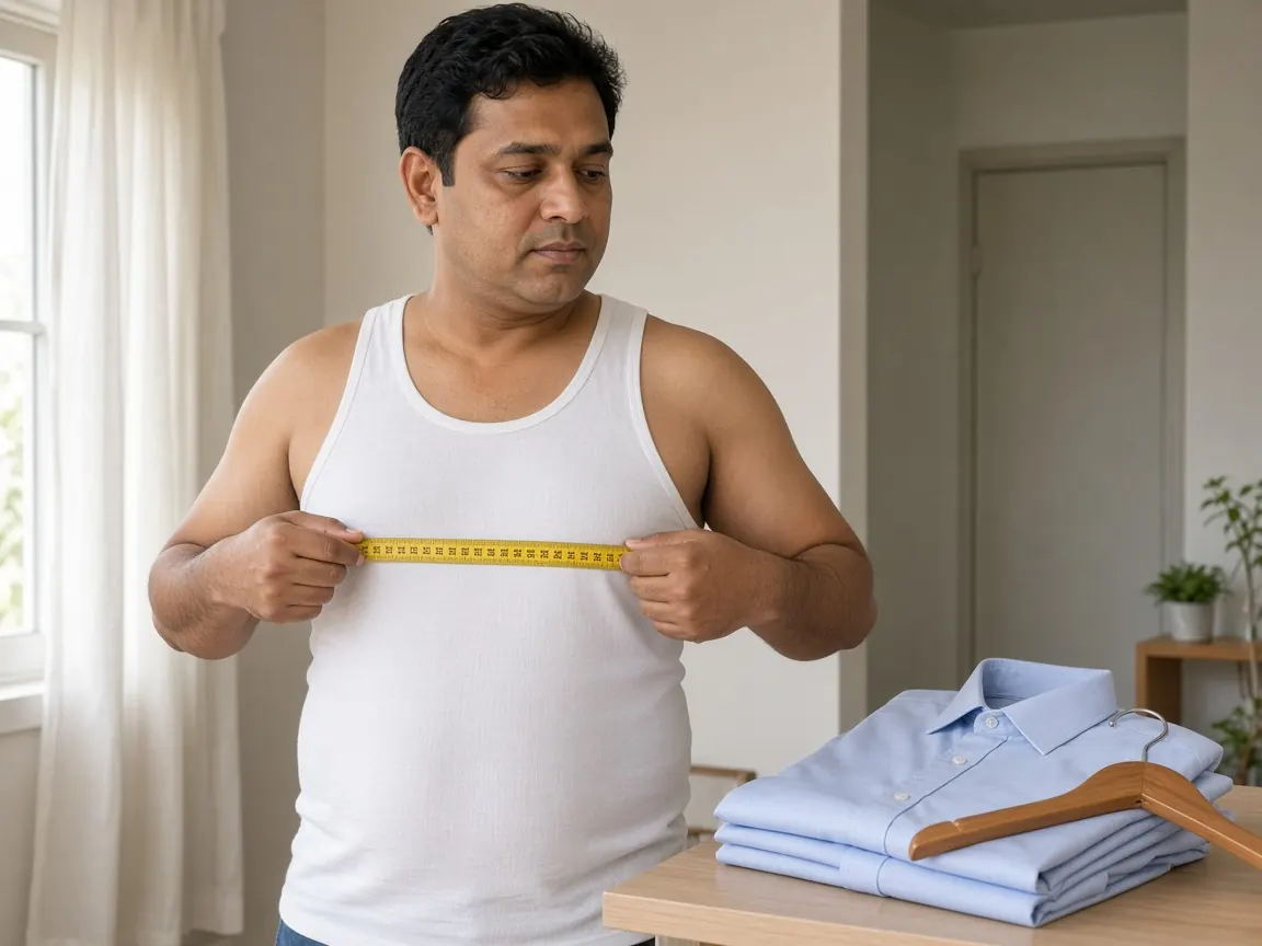 Man measuring chest circumference with a tape for a shirt size chart