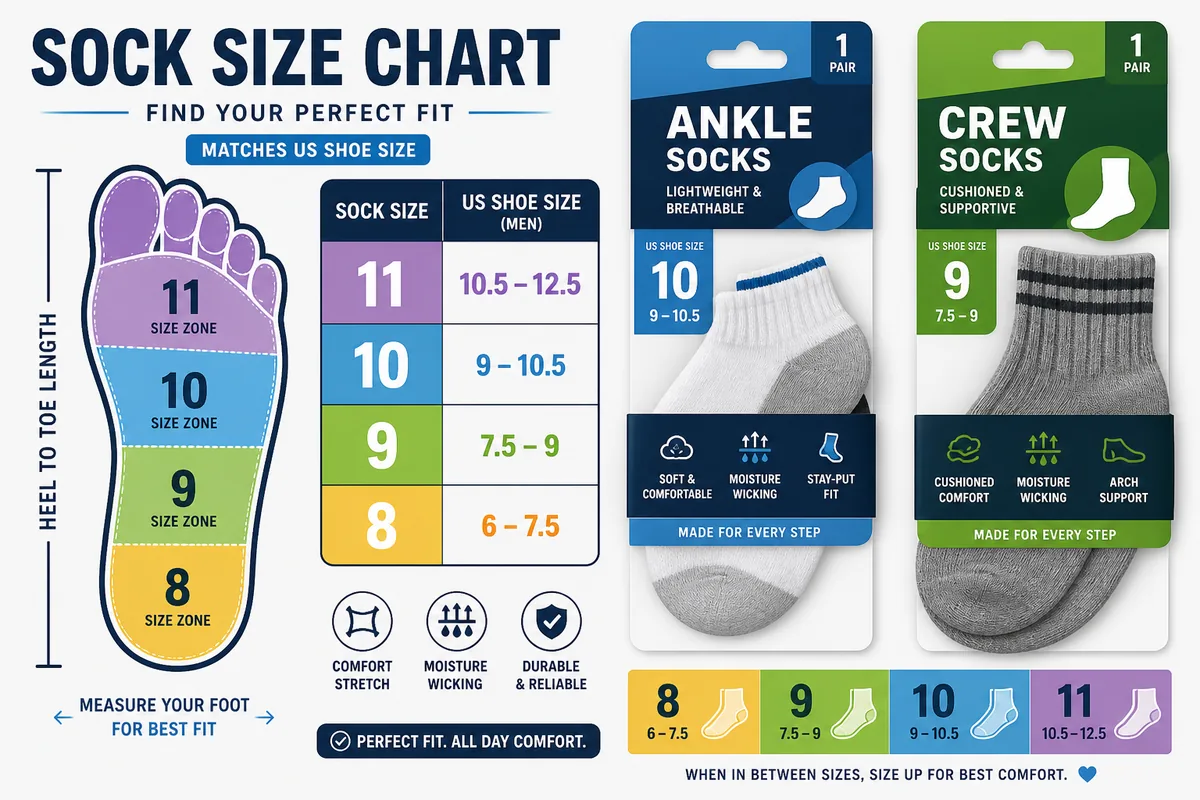 Sock size chart matched to US shoe sizes