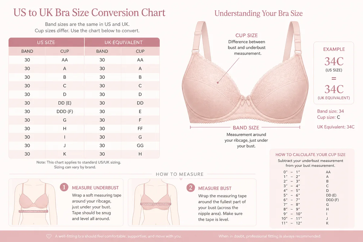 32C bra size fit guide with band and cup measurement diagram