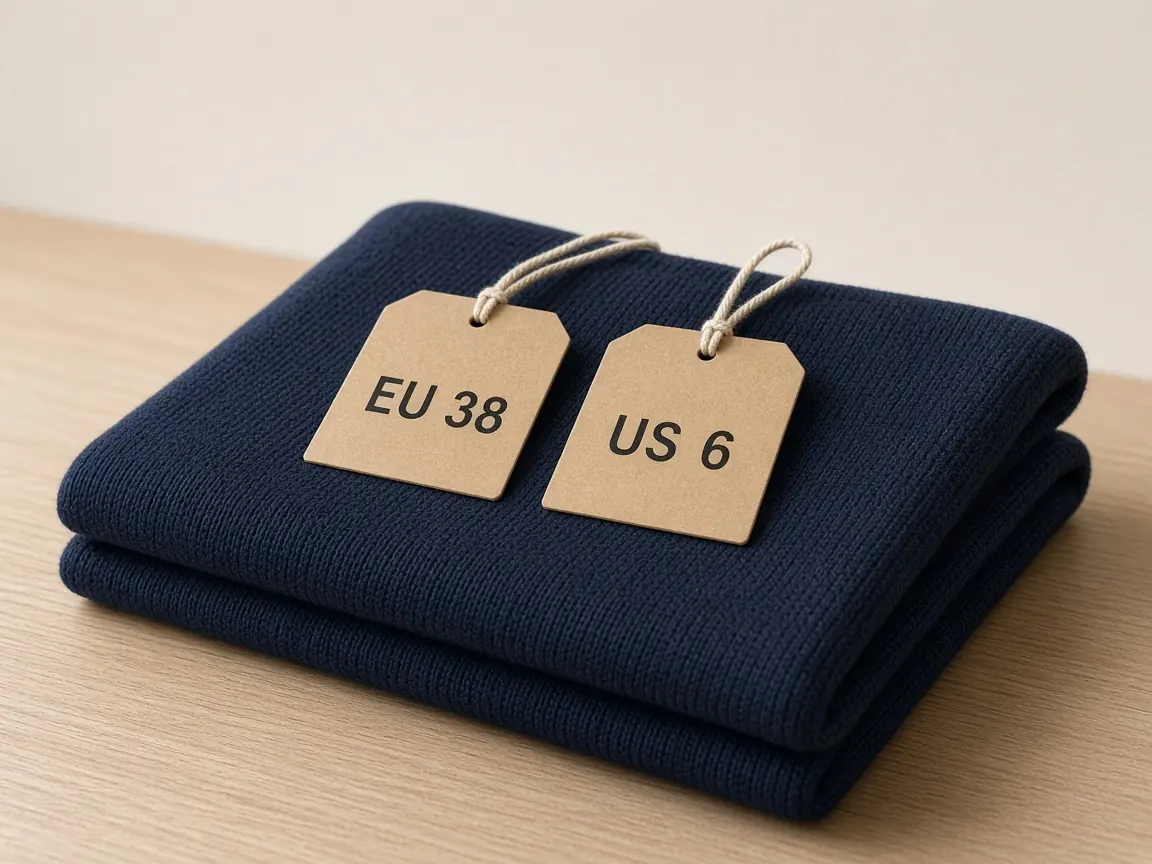 Clothing hangtags showing EU size 38 next to US size 6