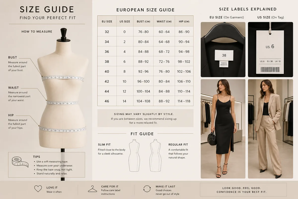 Zara clothing size guide—EU vs US bust waist hip in cm
