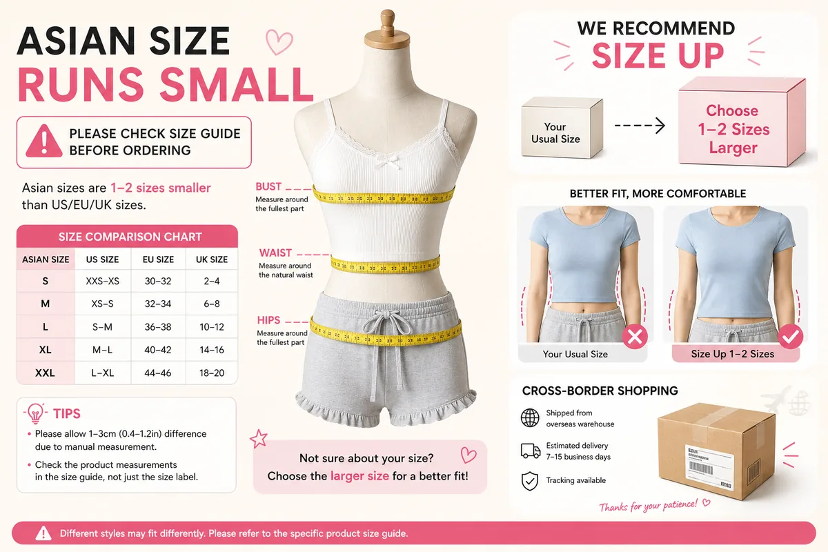 SHEIN clothing size guide—size up when between Asian and US labels