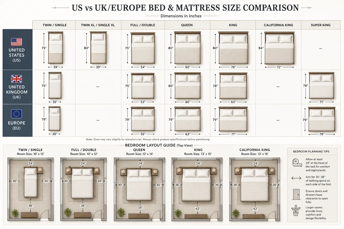 EU bed and mattress size chart compared to US Queen and King