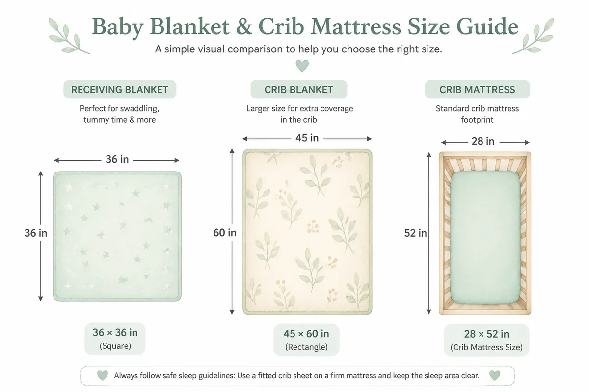 Diagram comparing an example baby blanket square with a full-size crib mattress about 28 by 52 inches