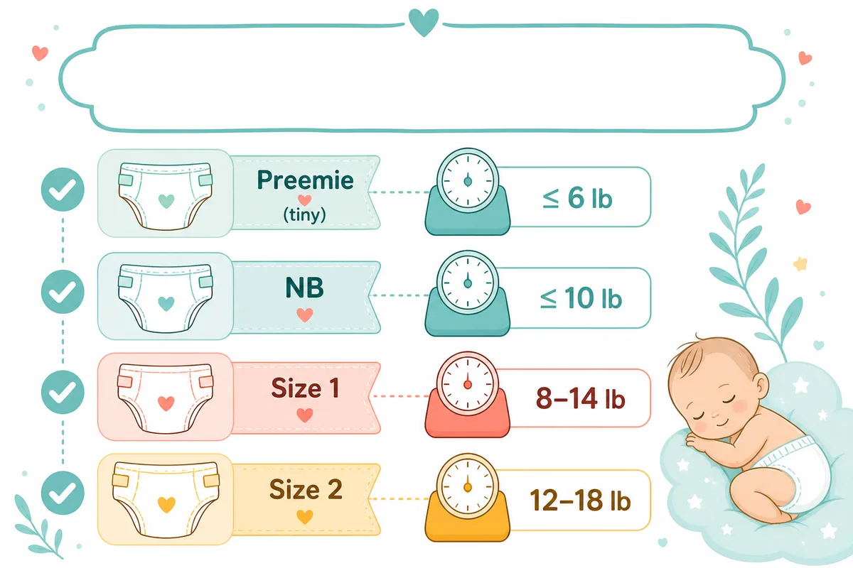 Newborn diaper size by weight checklist showing Preemie, Newborn up to 10 lb, Size 1 8–14 lb, and Size 2