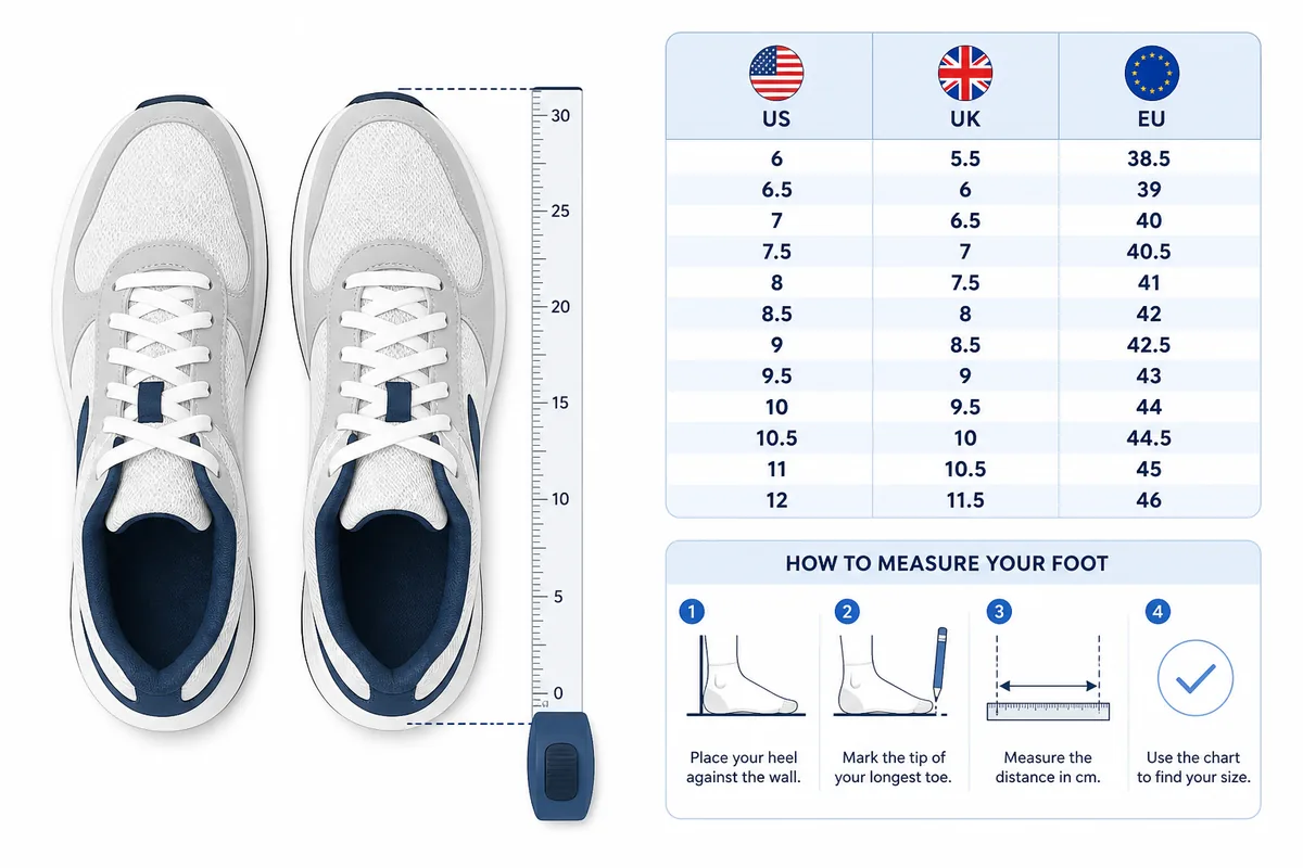 Puma shoe size chart showing US, UK, EU sizes and foot length in cm