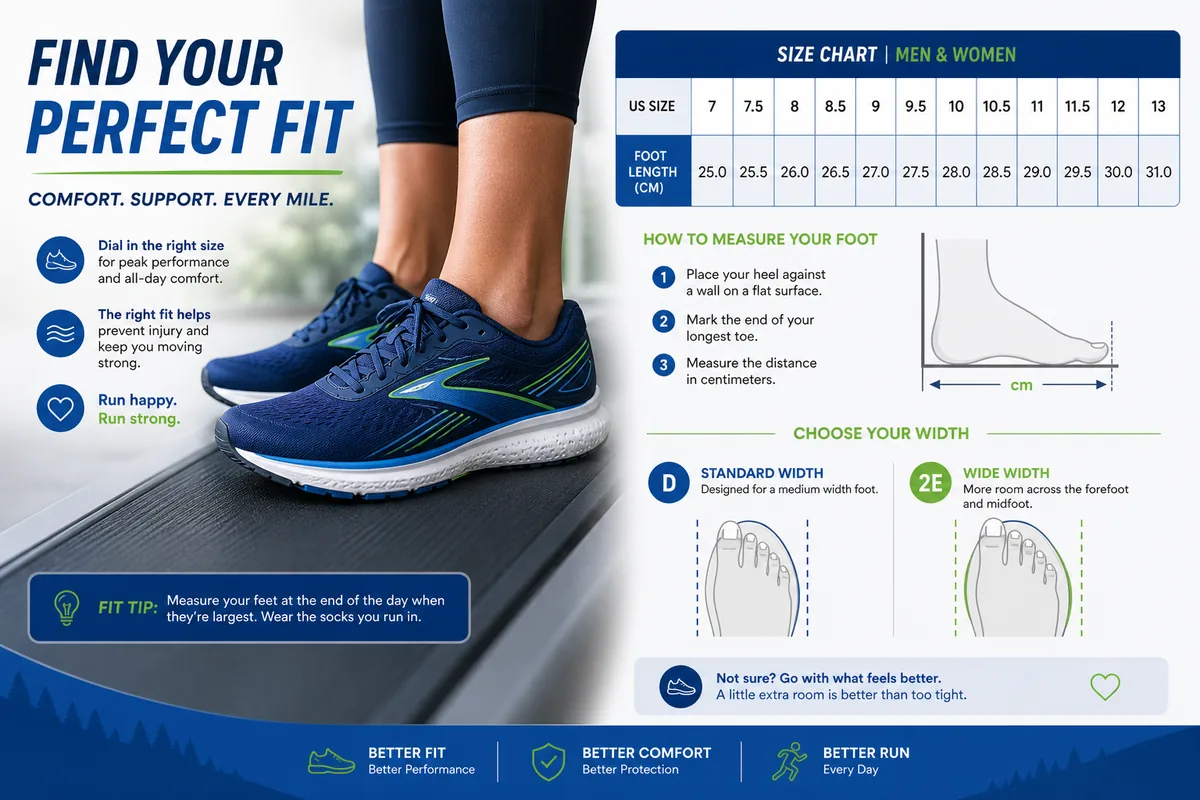 Saucony running shoe size chart with toe-room tips and width letters