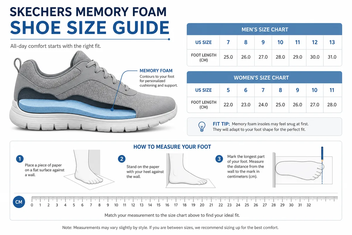 Skechers shoe size chart with Memory Foam fit and US UK EU cm labels