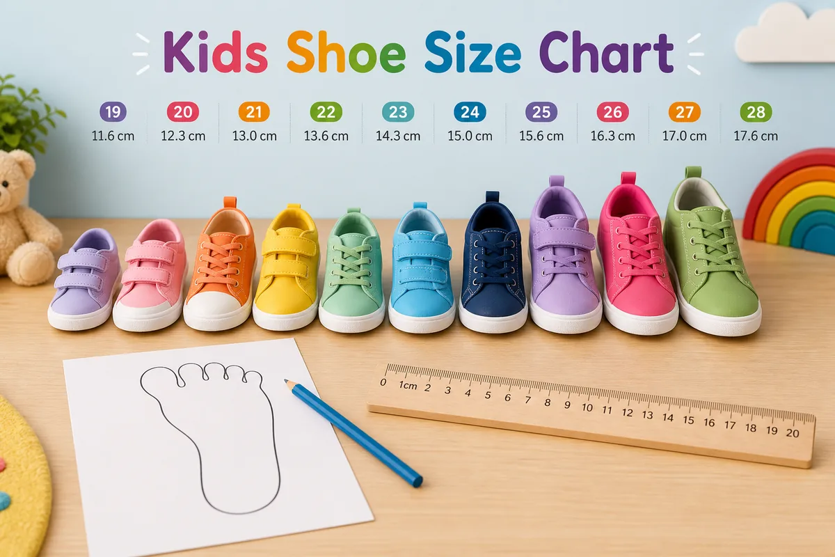 Kids shoe size chart matching foot length in cm to US C and Y sizes