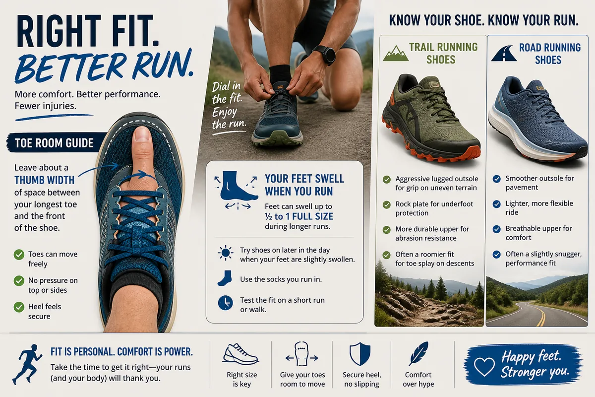Running shoe toe room fit with thumb width at front
