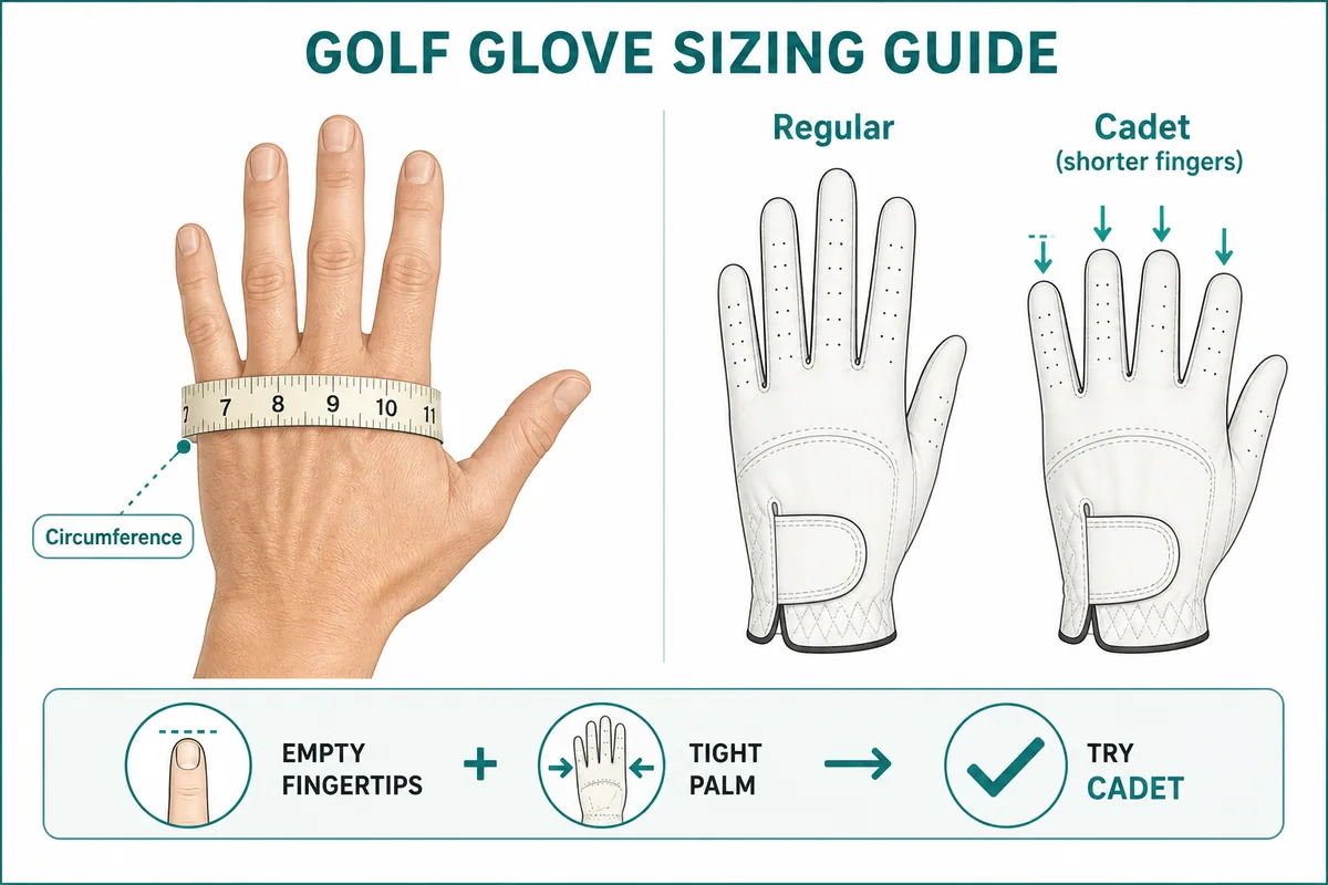 Golf glove size: measure knuckle circumference; Cadet has shorter fingers than Regular