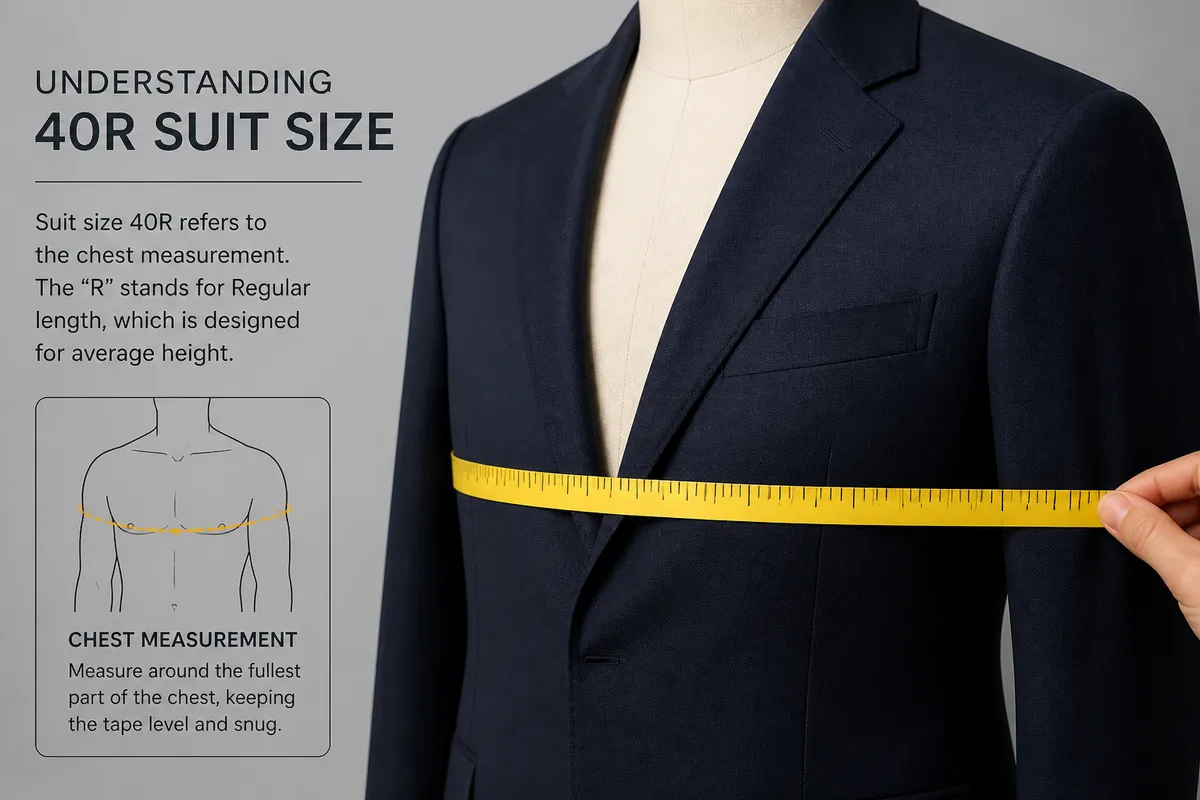 What 40R suit means: chest measurement around a navy jacket with measuring tape