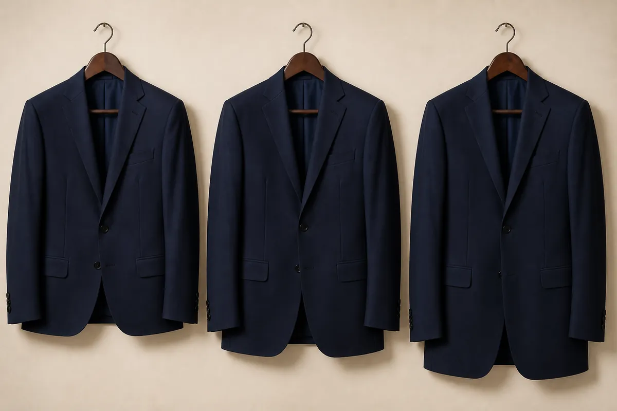 Suit jacket Short Regular Long length comparison on hangers for men's sizing