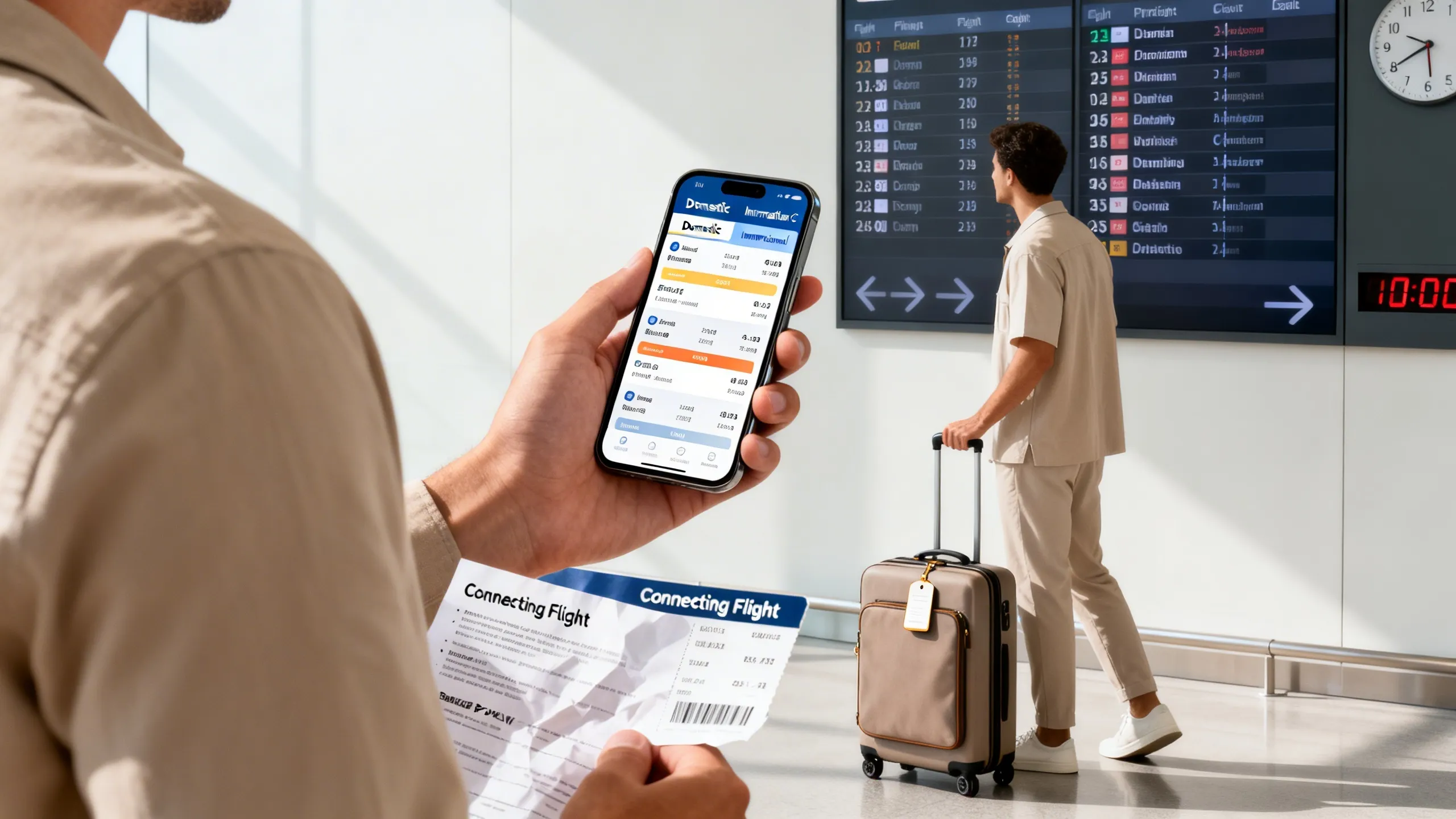Airport traveler comparing luggage policy before connecting flights