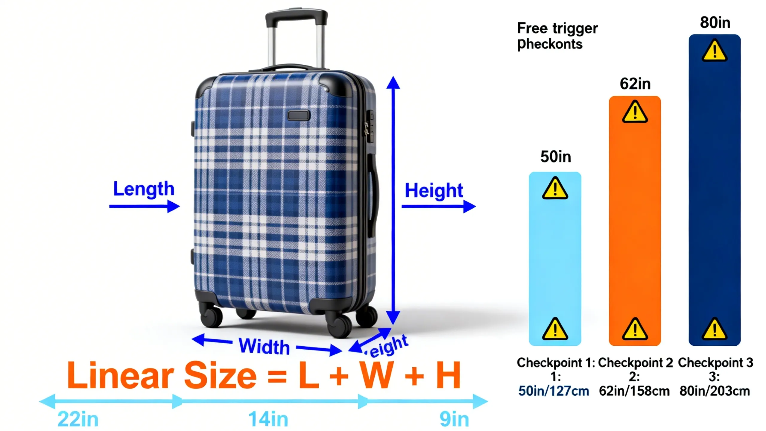 Infographic for luggage linear size fee trigger calculation