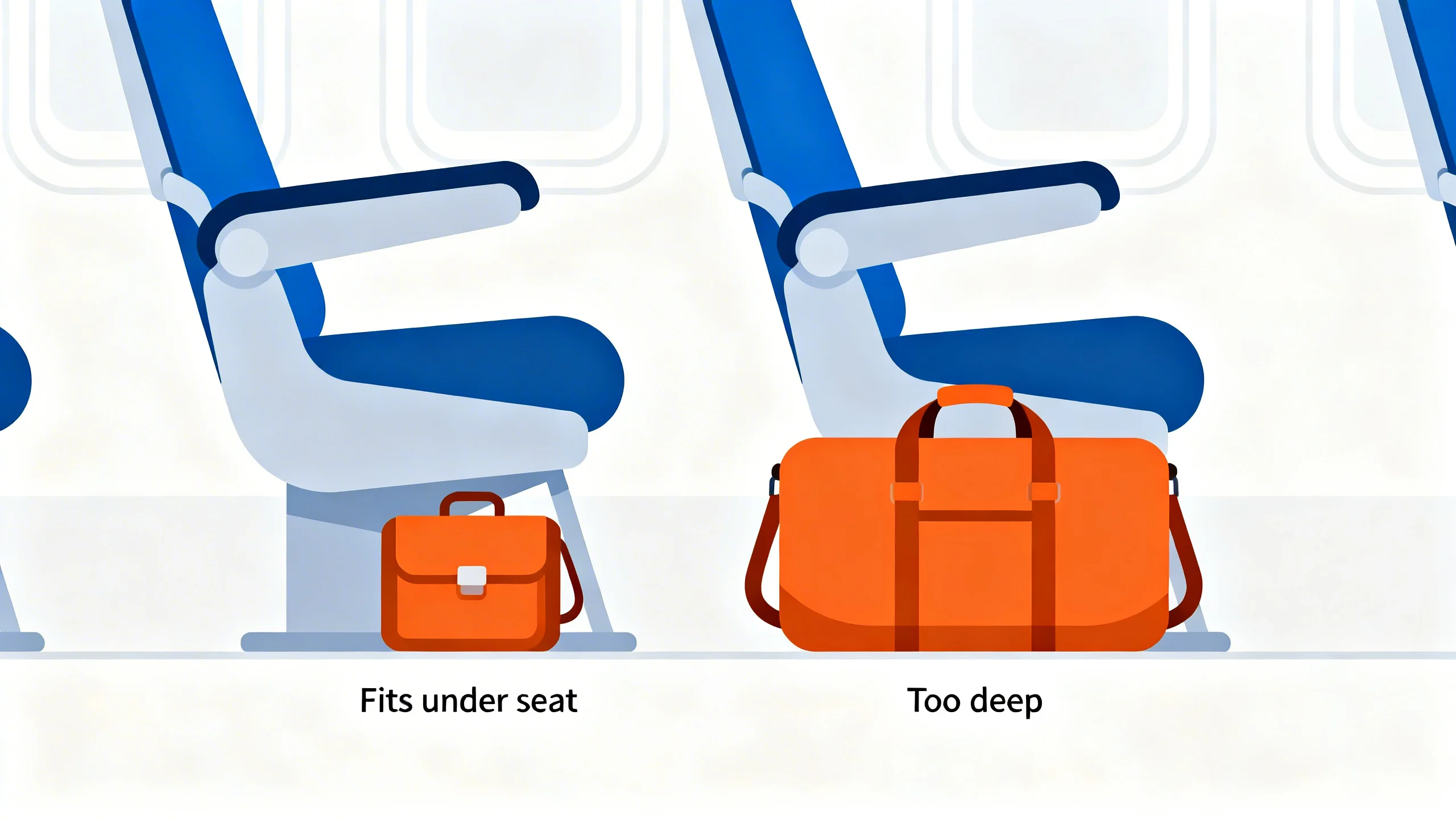 Comparison of personal item bags that fit and do not fit under an airplane seat