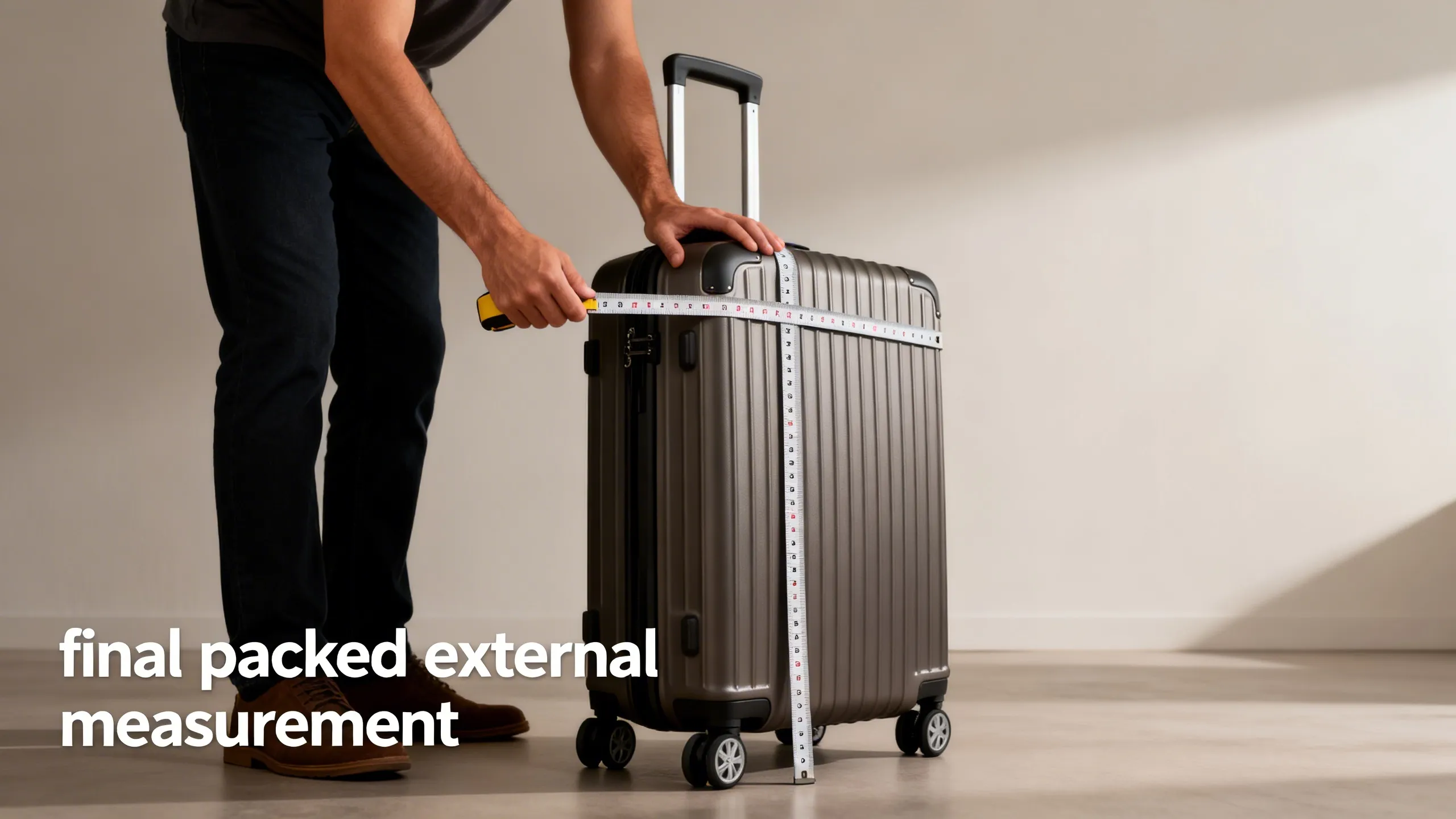 Person measuring luggage correctly to avoid common size mistakes