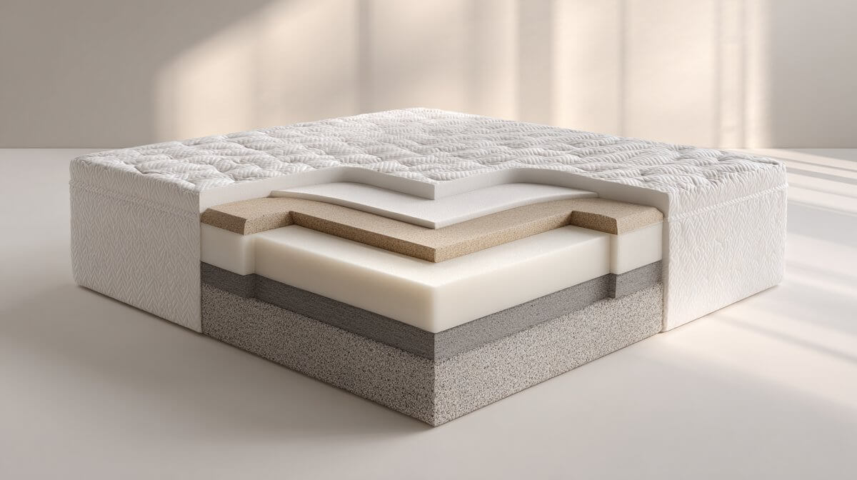 Cross-section cutaway diagram of an all-foam memory foam mattress showing quilted cover, memory foam comfort layer, transition foam, and high-density polyfoam base without metal springs