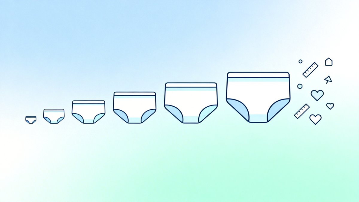 Illustration of disposable diapers from small to large with a soft measuring tape, representing diaper size by baby weight