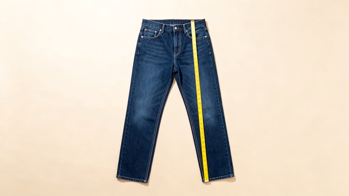 Jeans flat lay with a soft tape measure along the inseam for waist and length sizing